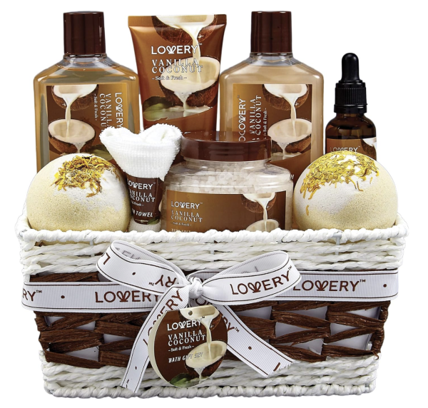 Bath and Body Gift Basket For Women and Men – 9 Piece Set of Vanilla Coconut Home Spa Set, Includes Fragrant Lotions, Extra Large Bath Bombs, Coconut Oil, Luxurious Bath Towel & More